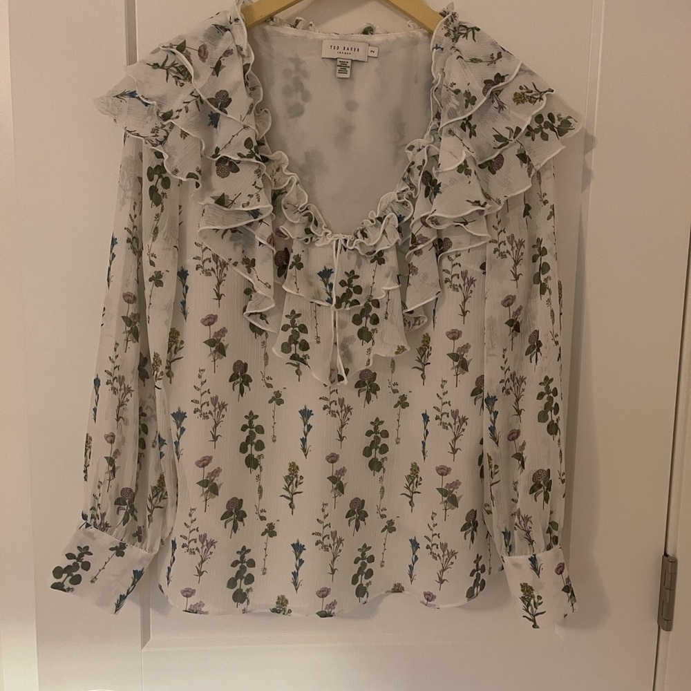 Ted Baker Floral Ruffle Blouse - White and Green